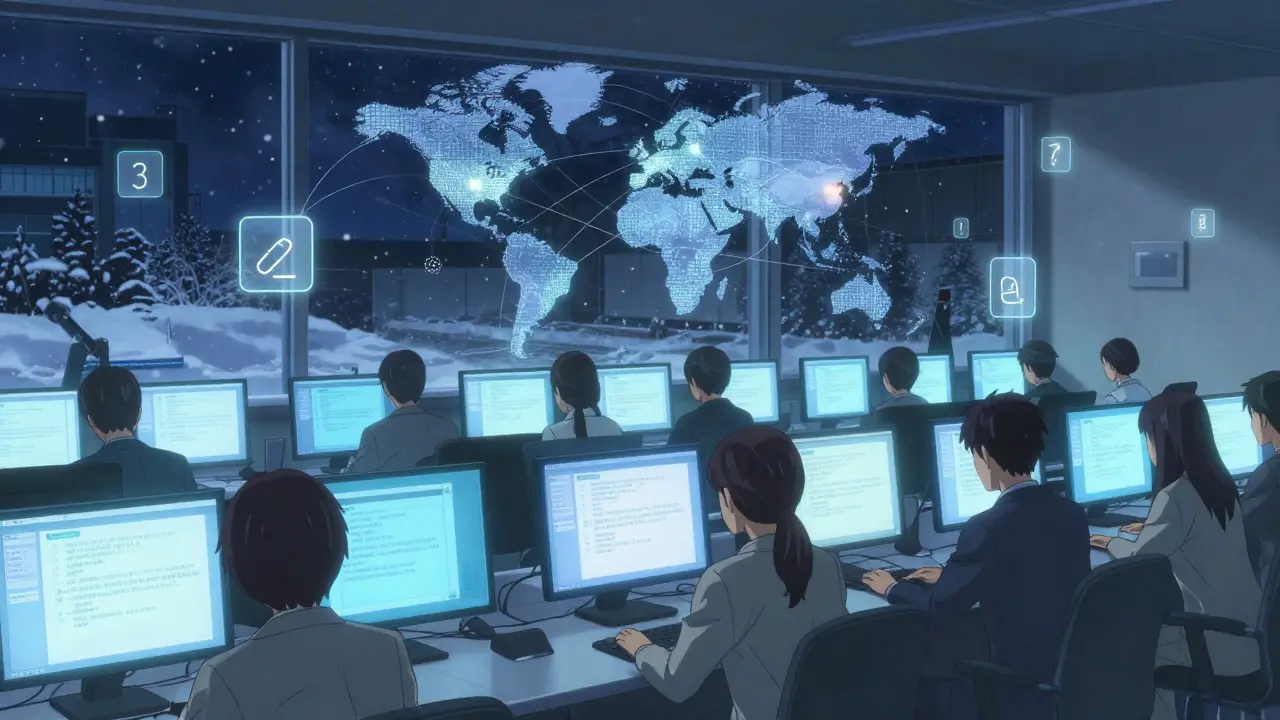 Analysts in a quiet Swedish center monitor global drug safety reports, illuminated by soft blue screens and floating data threads.