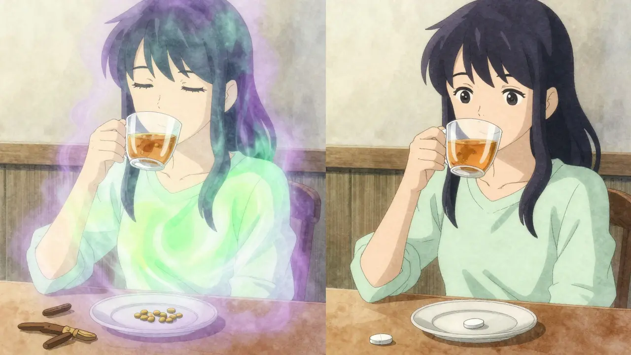 Contrasting supplements: kava and valerian with glowing energy versus a GABA pill with no effect, in anime style.