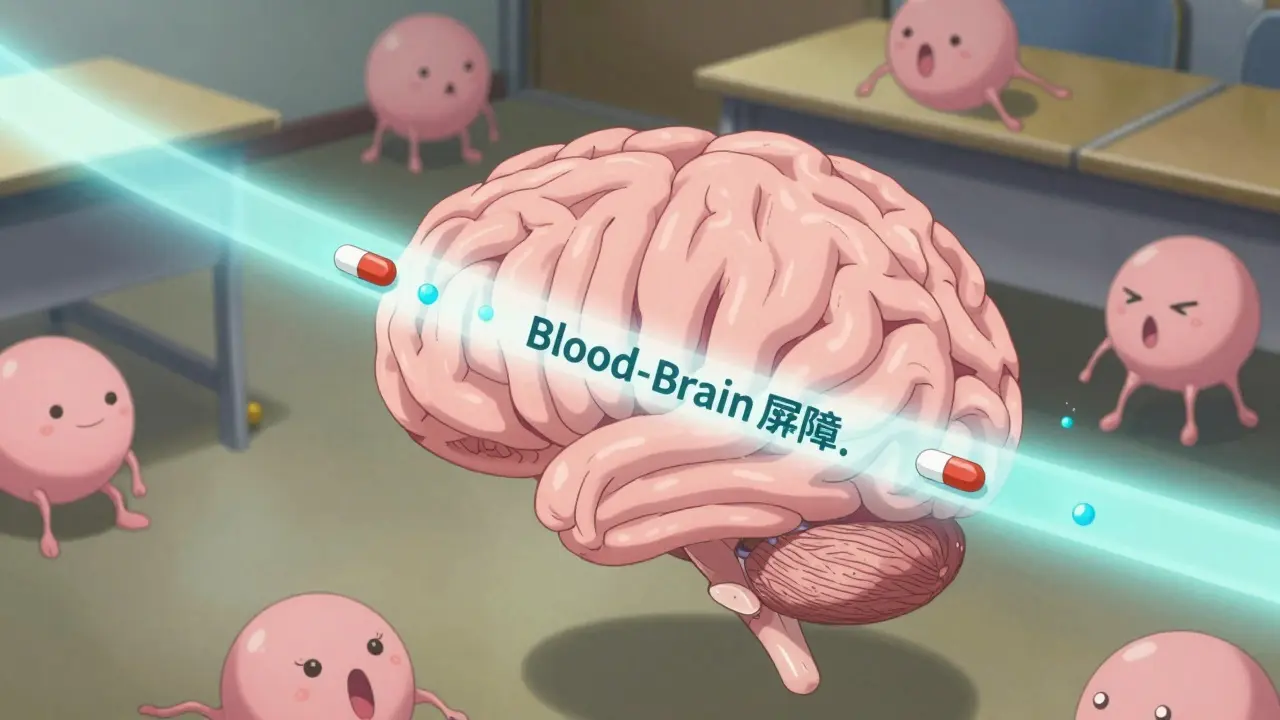 Neurons behind a blood-brain barrier, with GABA molecules blocked while sedatives enhance natural signals.