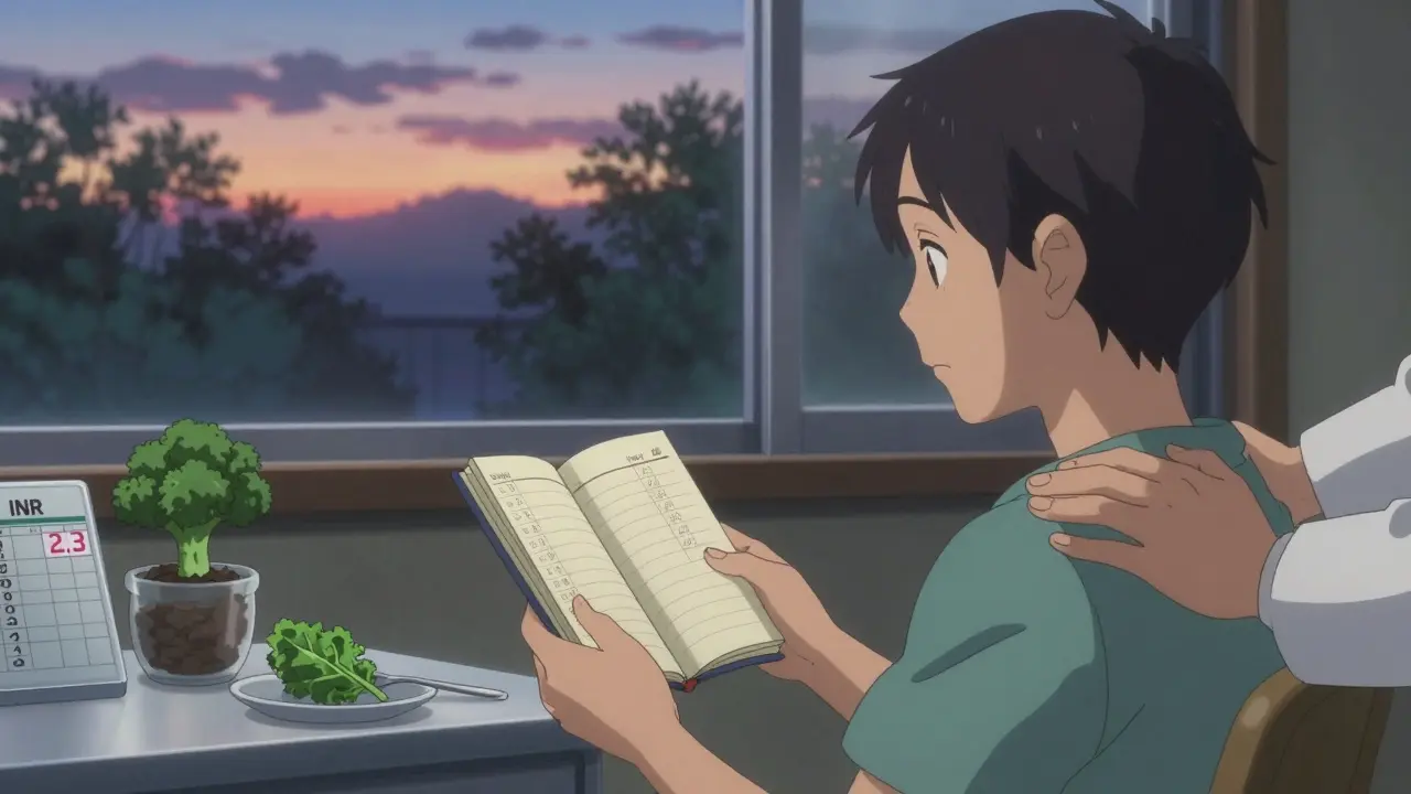 Patient in hospital room holding a food diary with stable INR results and a small broccoli sprout plant.