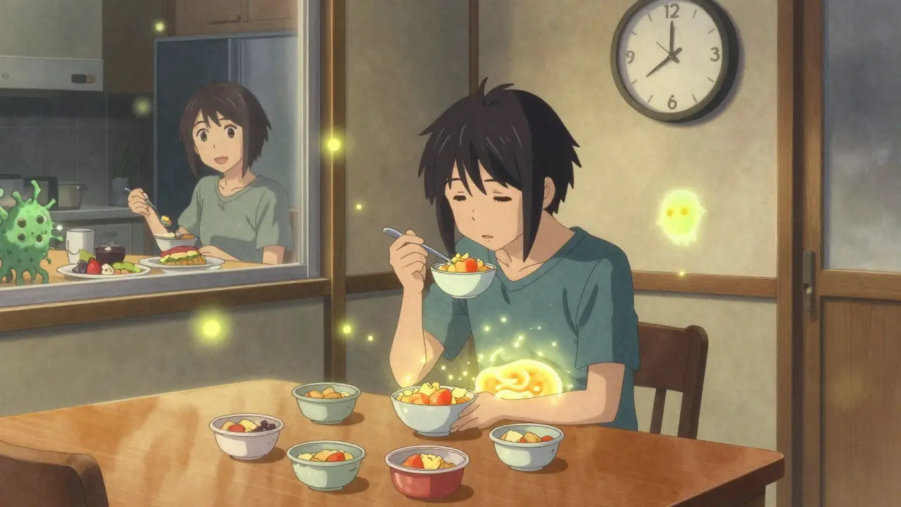 Someone eats a small meal alone at a kitchen table, ghostly bacteria float nearby, reflection shows a past healthy self.