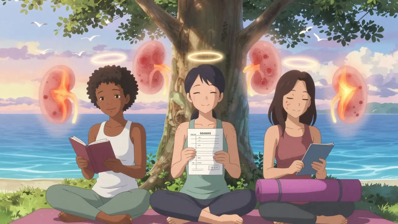 Three women of diverse backgrounds together in a peaceful outdoor setting, symbolizing lupus management and remission.