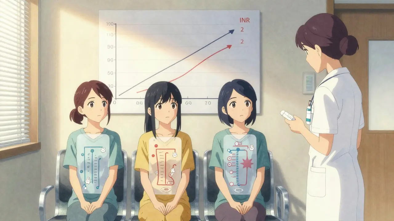 Two women in a clinic waiting room each have glowing enzyme pathway overlays showing different warfarin interactions.
