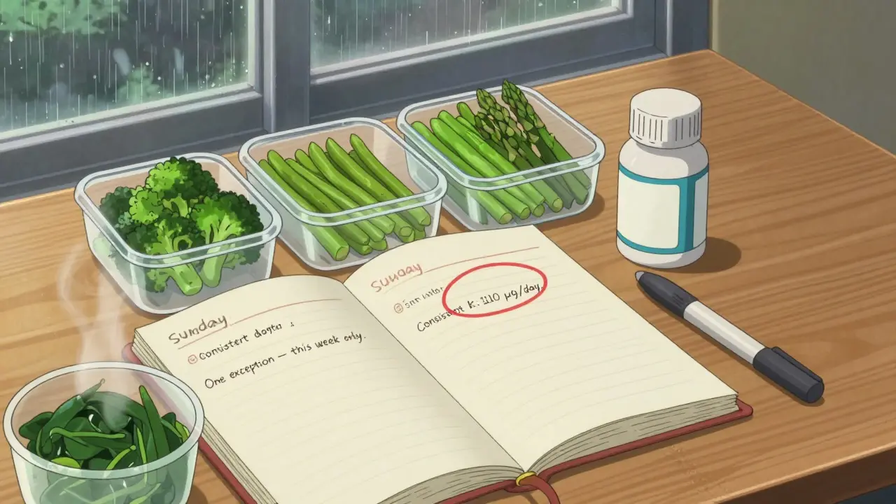 Weekly meal planner showing identical servings of broccoli, green beans, and asparagus for stable vitamin K intake.