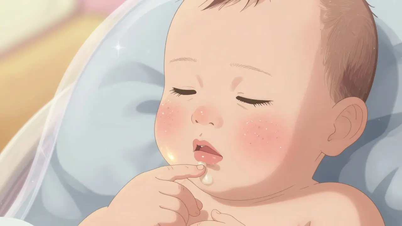 A baby's skin being gently moisturized, with delicate particles repelled by a shimmering protective barrier.