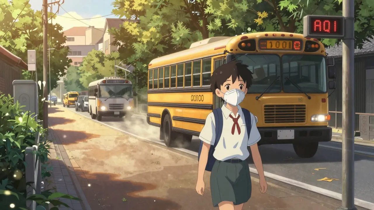 A child walks home on a quiet street wearing an N95 mask, while a bus emits exhaust on a busy road behind them.