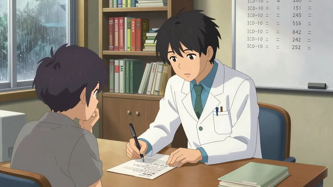 A doctor writing a medical necessity letter while a patient watches hopefully in a softly lit clinic.