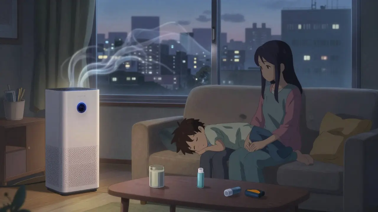 A family relaxes in a clean, softly lit living room with an air purifier running, as smog blurs the city view outside.