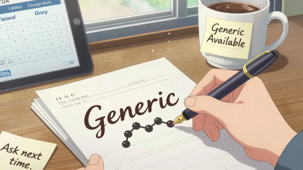 A hand writing a prescription that transforms into a molecular structure, with medical references and a note reminding to ask about generics.