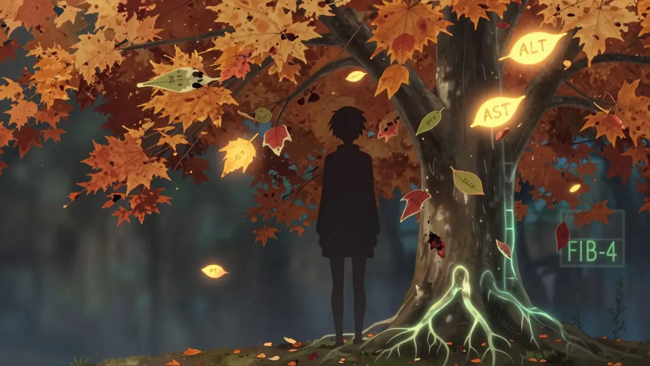 A human silhouette surrounded by labeled leaves representing liver markers, with a tree of fibrosis growing subtly behind them in calm detail.