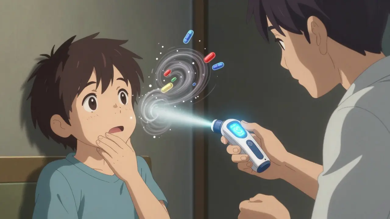 A parent using an epinephrine injector on a child during an allergic reaction, with glowing voice prompts in the air.