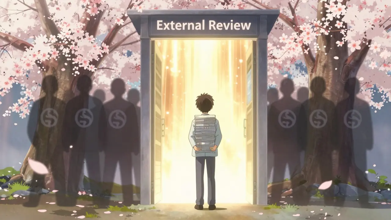 A person standing before a glowing external review portal, holding medical records as cherry blossoms drift around them.