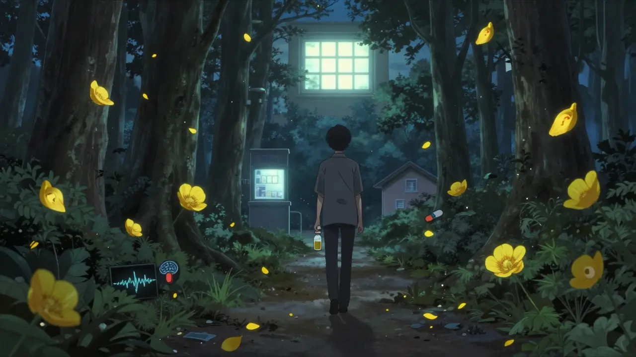 A person walking through a forest with floating flower petals containing medical symbols.