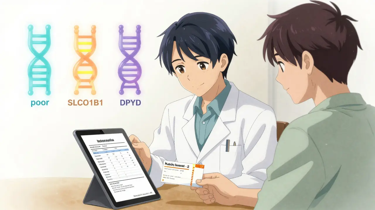 A pharmacist reviews a genetic test report while a patient smiles, with translucent gene icons indicating metabolic rates.