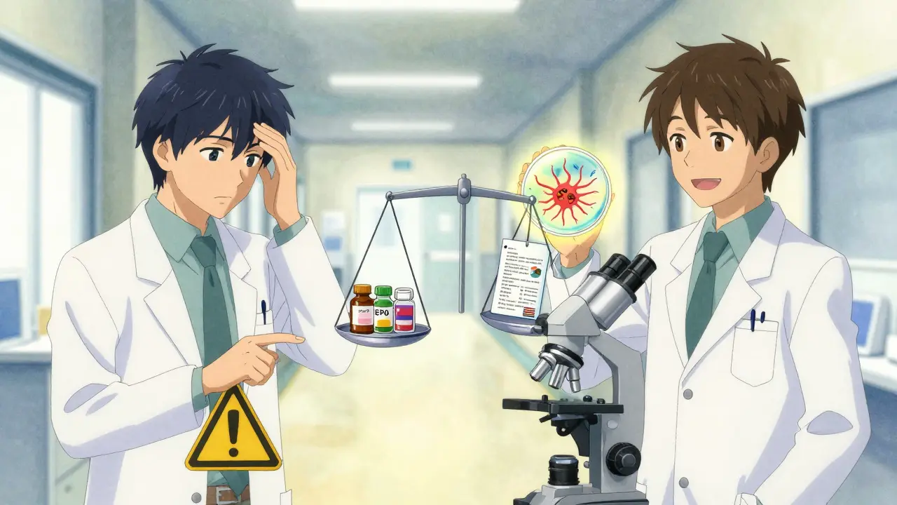 A split scene showing a doctor warning against EPO while a researcher shows positive brain activity.