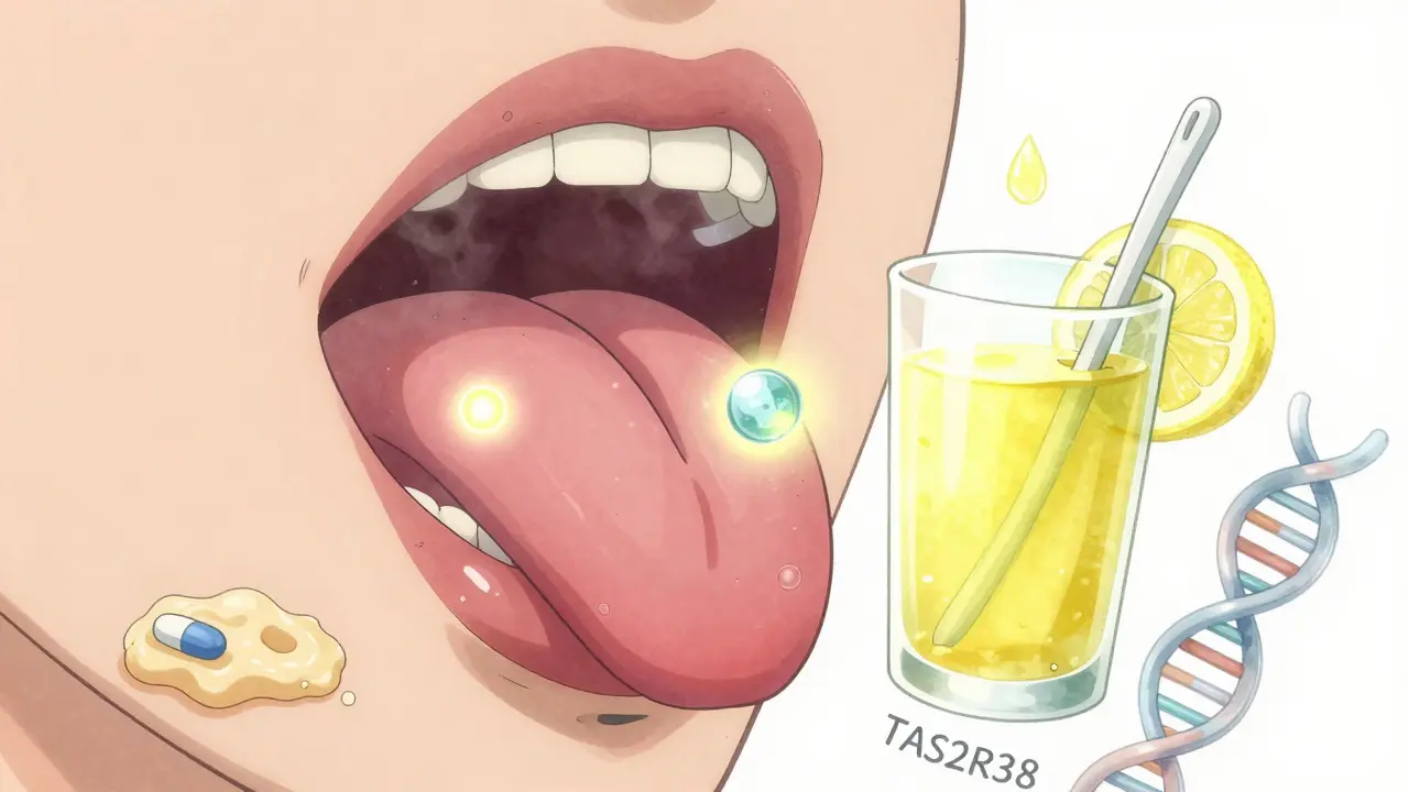 A stylized tongue with metallic haze being neutralized by zinc and lemon juice, symbolic icons floating nearby.