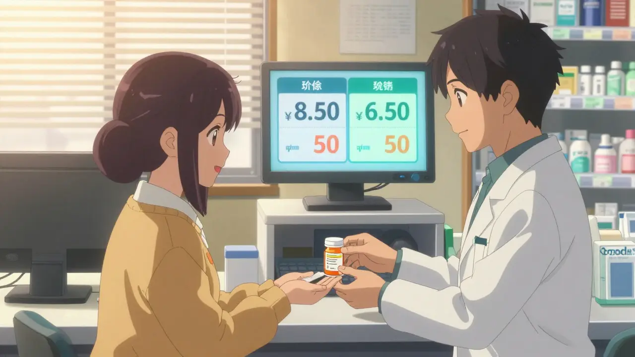 A woman receiving a prescription with a GoodRx discount at the pharmacy counter.