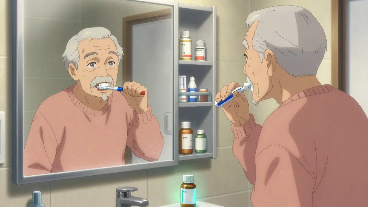 An elderly man brushing his teeth with baking soda toothpaste, medicine cabinet open behind him.