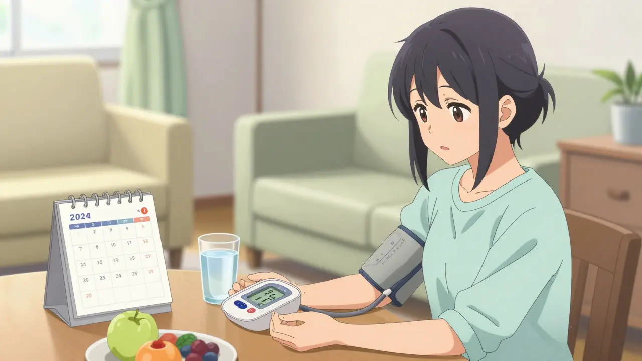 Calm home scene with person monitoring health using a pressure cuff.