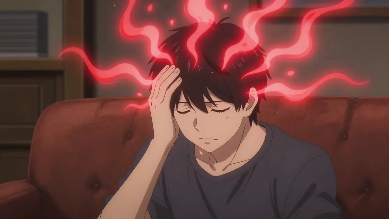 Character holding head in pain surrounded by glowing red heat haze.