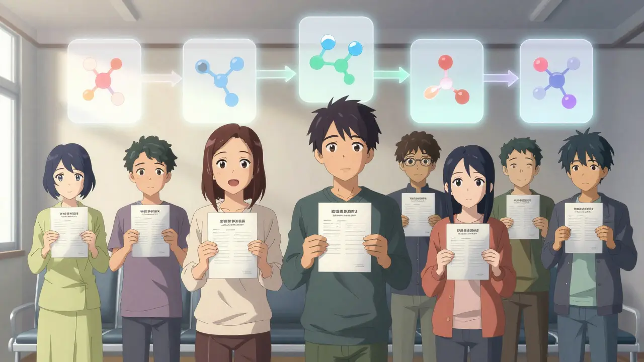 Diverse patients hold personalized test results as floating pathways show how their genes metabolize drugs differently.
