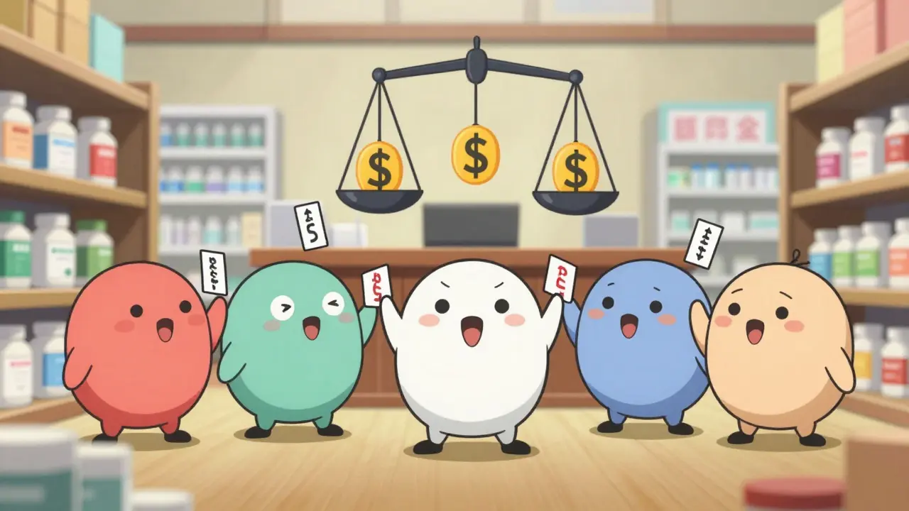 Five cartoon pharmaceutical companies competing by lowering price tags, with falling dollar signs and pill shelves in background.