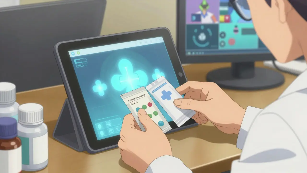 Hands checking medicine bottles next to digital tablet display.