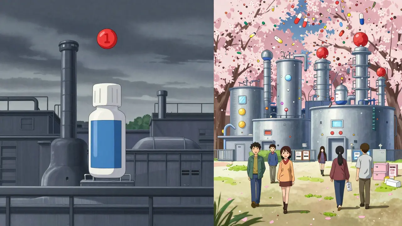 Left: one factory with high prices; right: six factories with pills raining down, symbolizing competition lowering drug costs.
