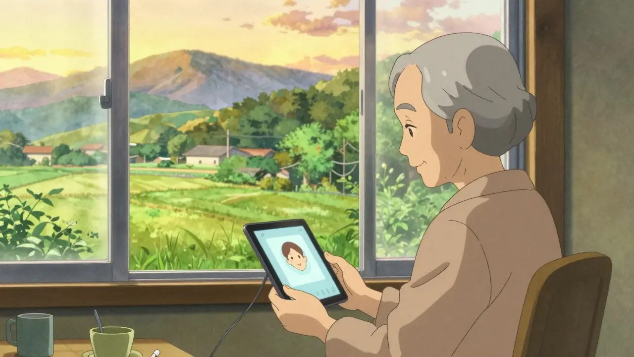 Patient using tablet for healthcare in rural home setting.