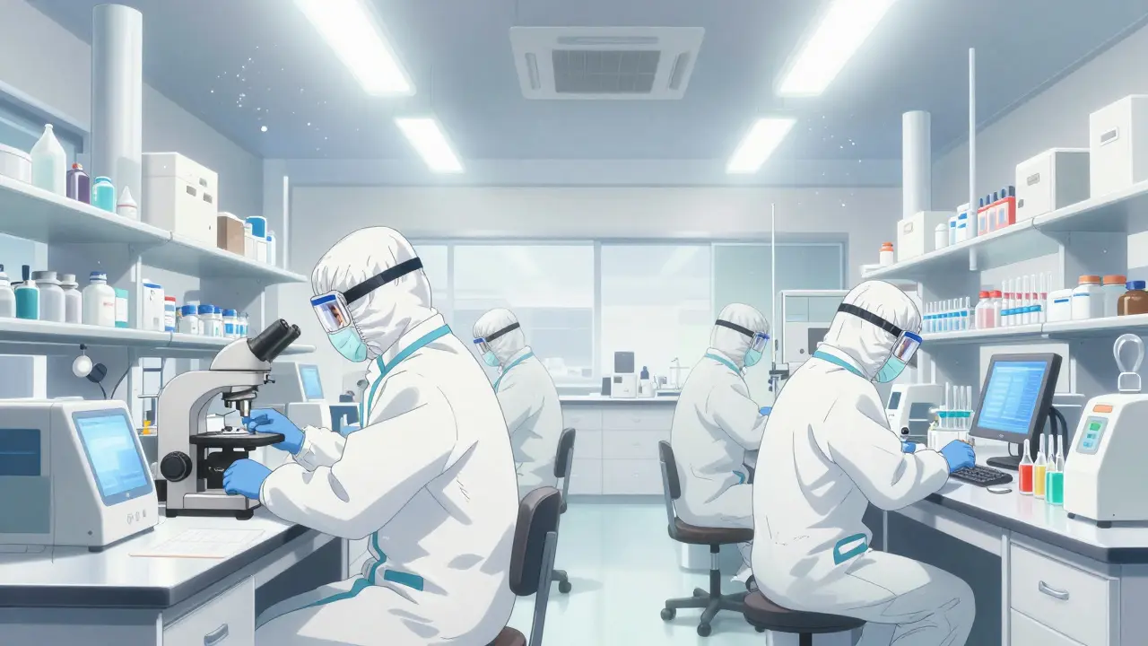 Scientists working in a sterile pharmaceutical laboratory environment.