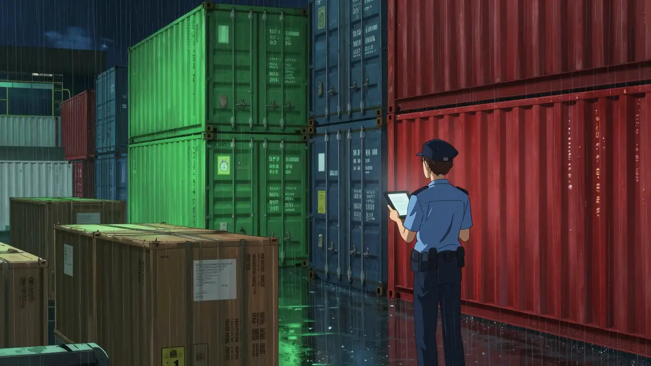 Shipping containers at a port with green and red lighting indicating status.