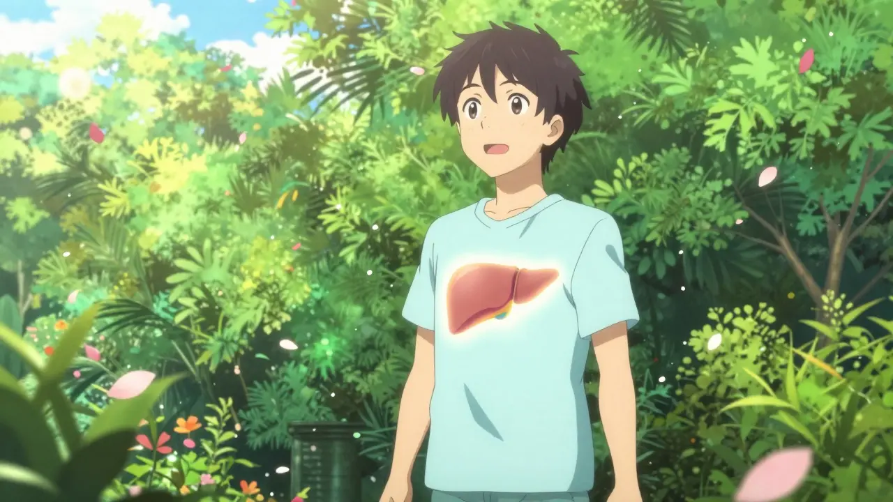A healthy person standing in a sunny garden with a glowing liver symbol of recovery in anime style.