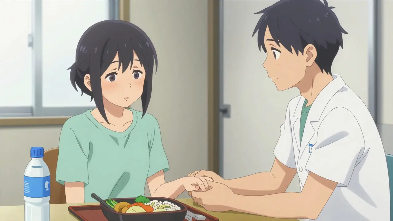 A patient and caregiver sharing an emotional moment in a bright medical office in anime style.