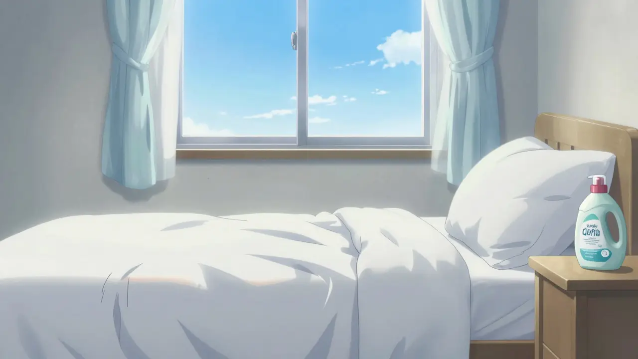 A peaceful, clean bedroom with fresh linens and fragrance-free products