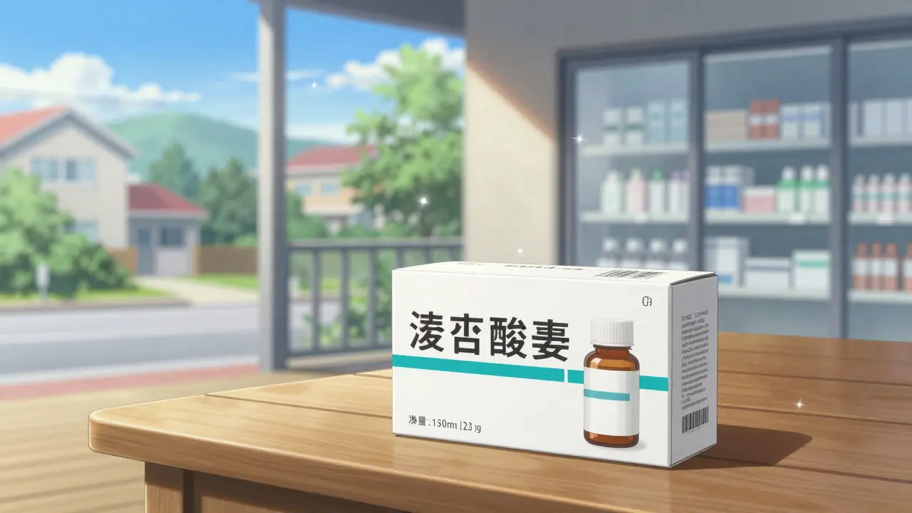 A pharmaceutical delivery package on a wooden table in a peaceful suburban setting
