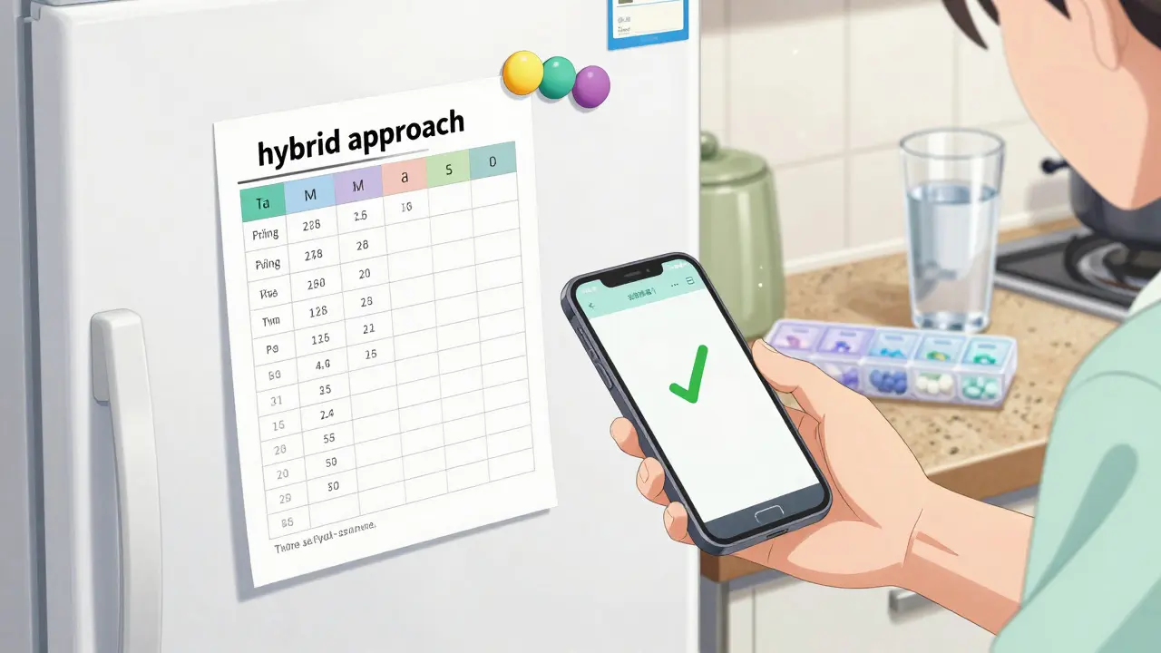 A printed medication chart on a refrigerator next to a smartphone for digital backup.