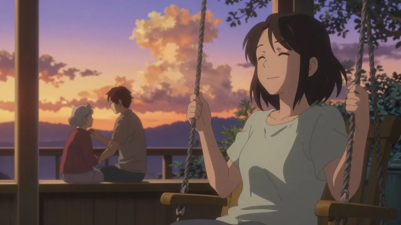 A relieved caregiver relaxing on a porch during sunset, feeling supported by a shared care system.