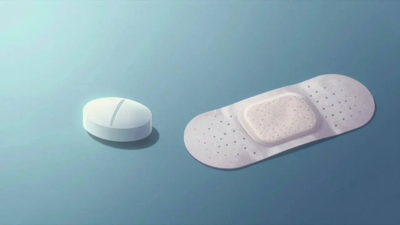 A visual comparison between a small white medical tablet and a transdermal patch