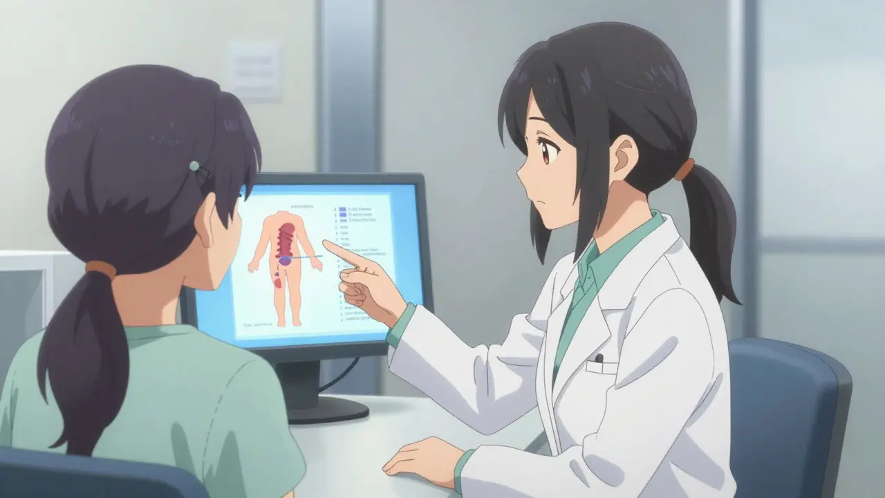 Anime doctor providing a medical consultation to a patient in a clinic