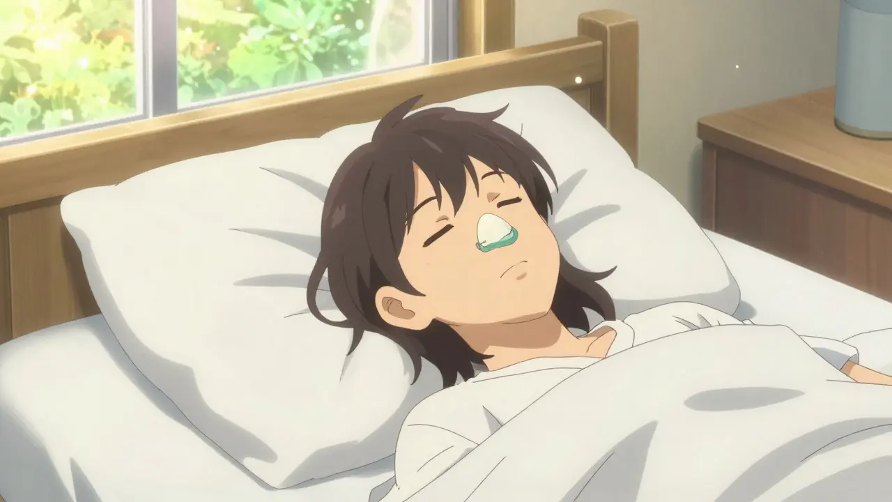 Anime person waking up refreshed in a sunny room using a nasal dilator.