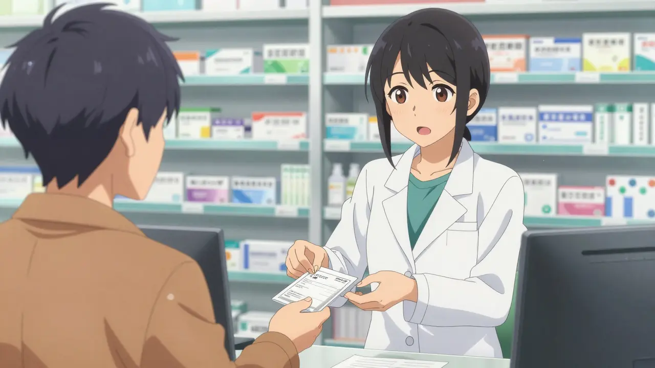 Anime pharmacist handing a prescription medication package to a customer