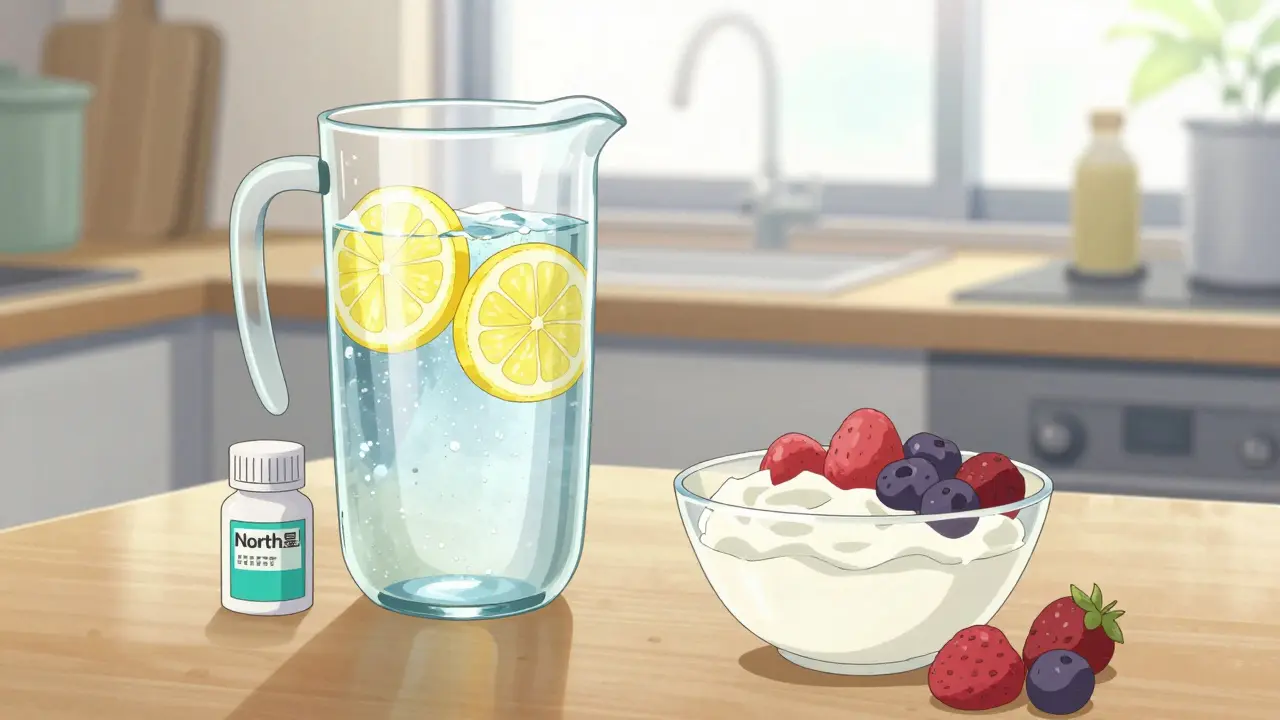 Anime scene of a healthy breakfast with water and yogurt, representing gout prevention.