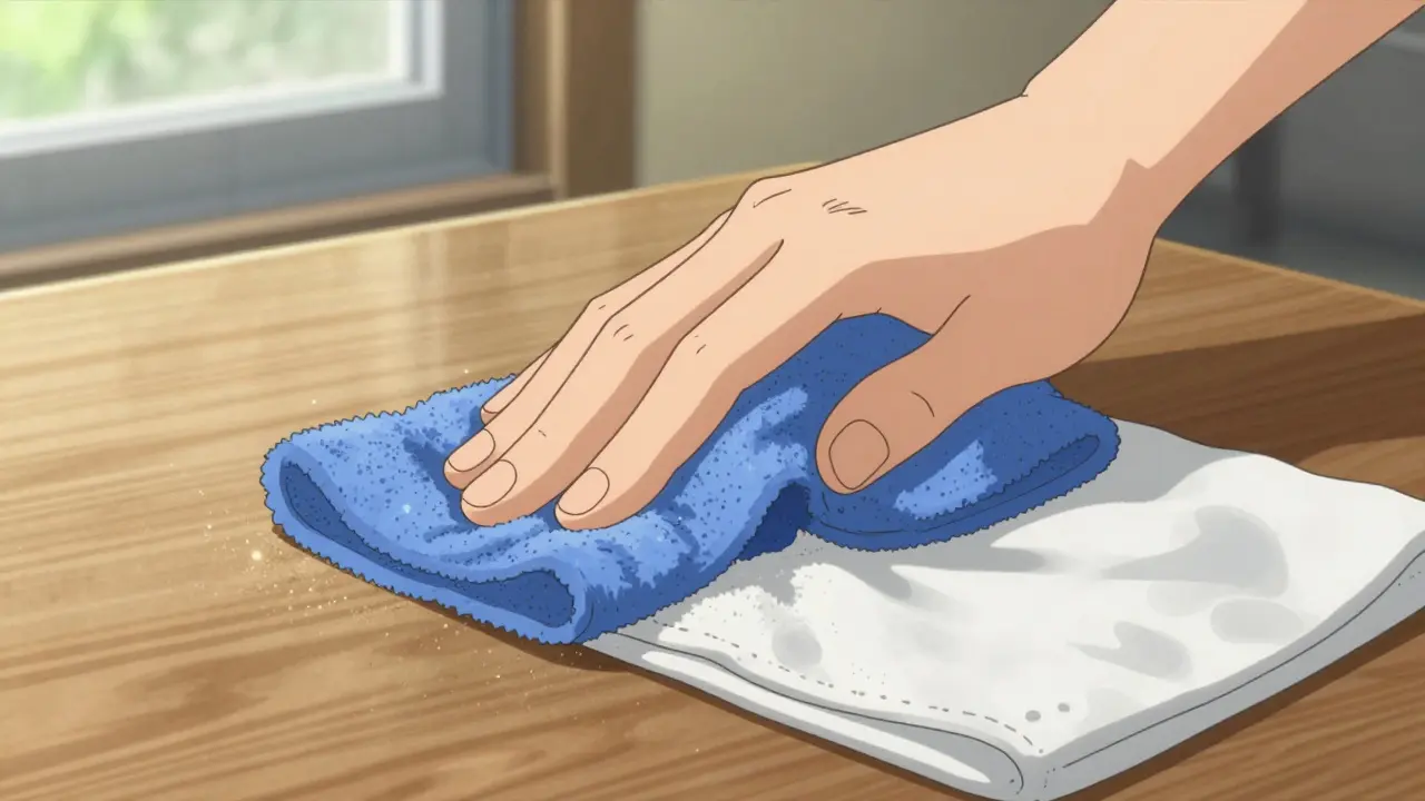 Close-up of a damp microfiber cloth wiping allergens from a surface