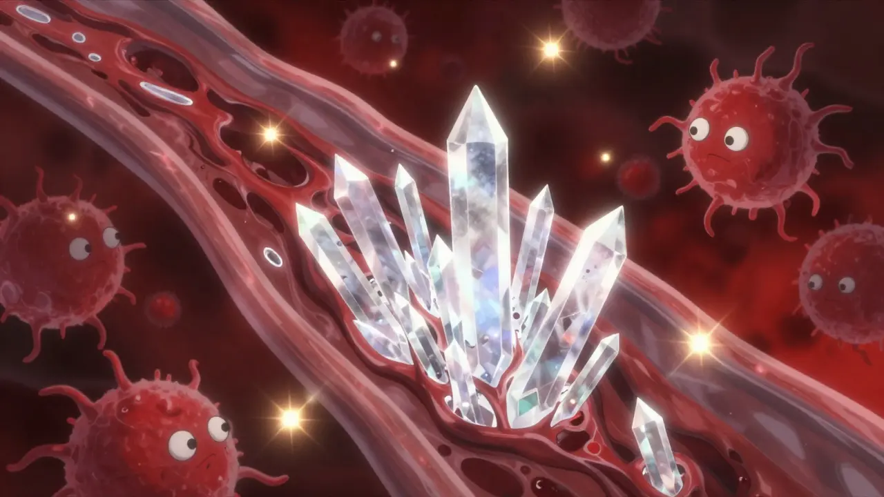 Conceptual anime art of sharp uric acid crystals and immune cells in the bloodstream.