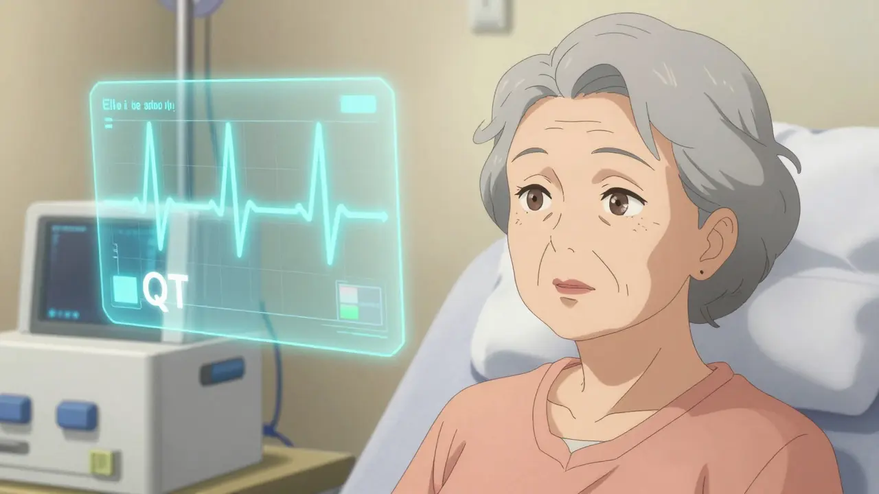 Elderly woman in a medical room with a floating holographic ECG wave showing a prolonged interval.