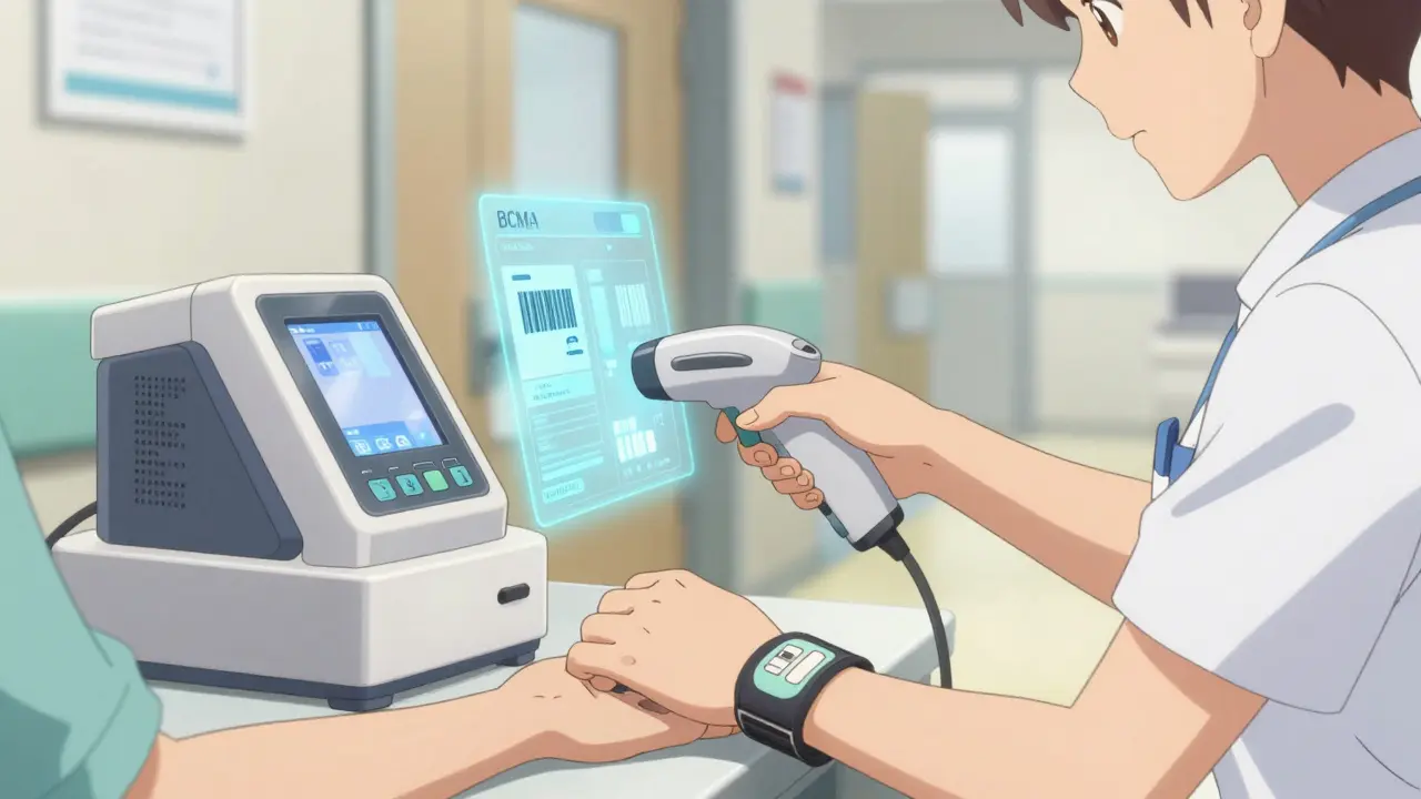 Healthcare worker scanning a patient wristband with a barcode scanner in anime style.