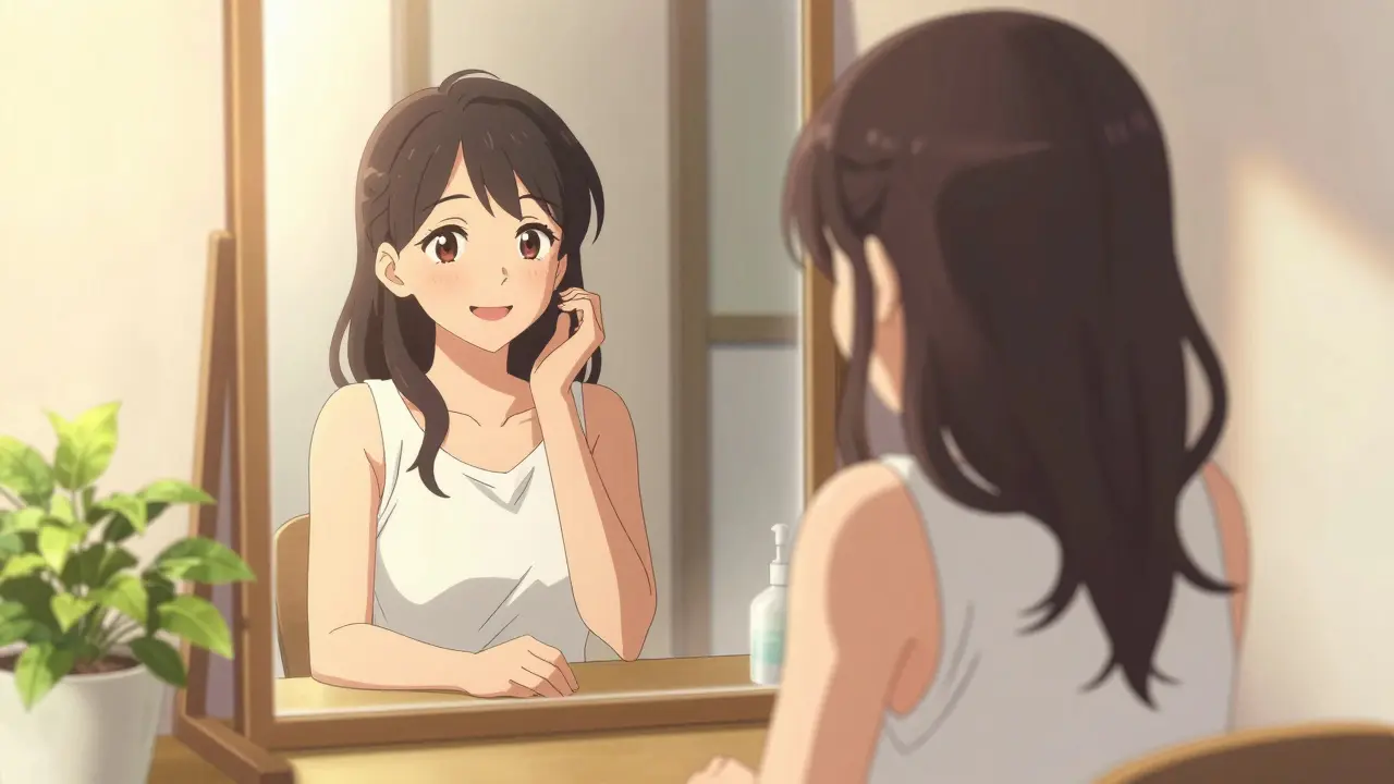 Hopeful anime woman smiling at her reflection in a mirror, symbolizing health recovery