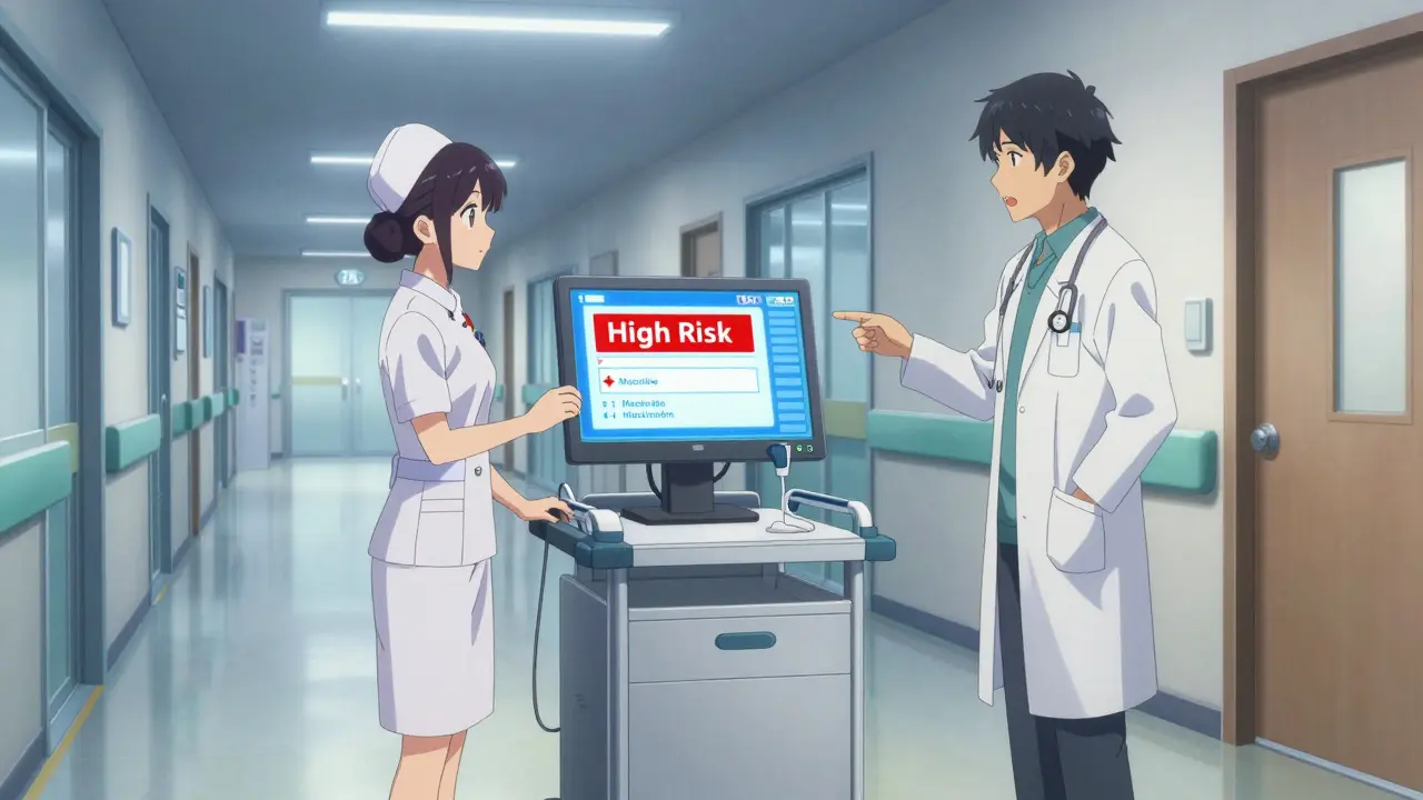 Hospital staff reviewing a red high-risk alert on a digital medical screen in a modern corridor.