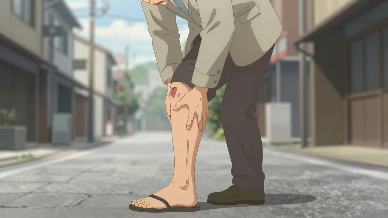 Man holding painful ankle from tendon injury