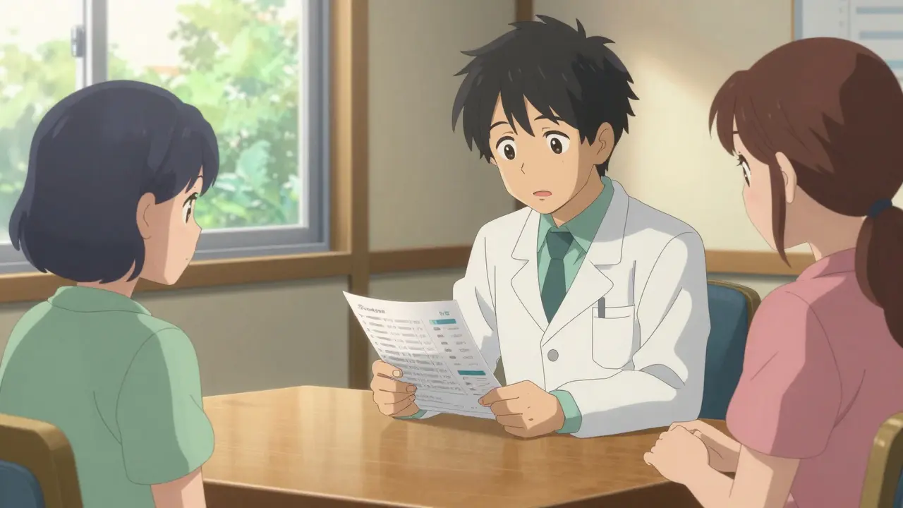 Pharmacist and family discussing medication lists in a warm, supportive anime setting.